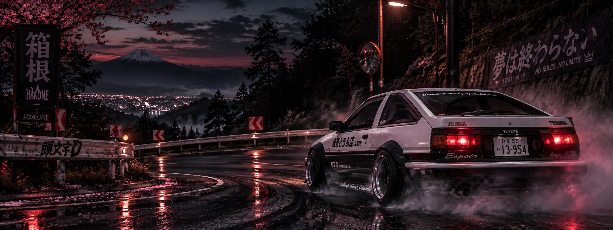Toyota AE86 Trueno na horské silnici Hakone za soumraku, v dálce Fudži