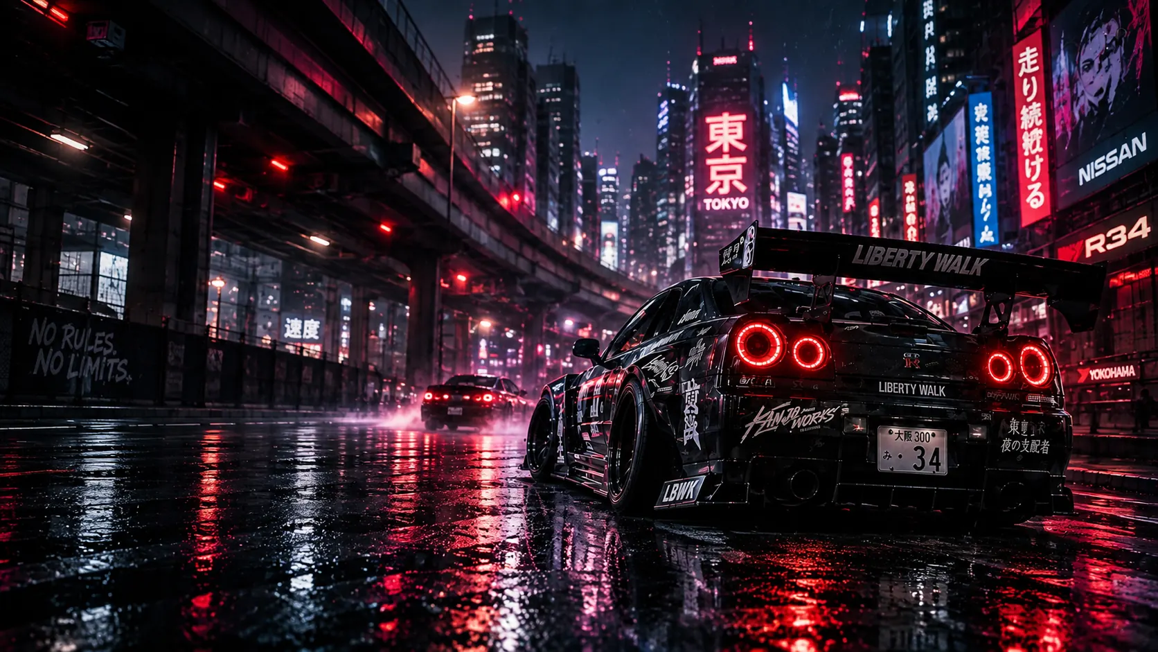 Widebody Nissan Skyline R34 na mokré tokijské ulici v noci